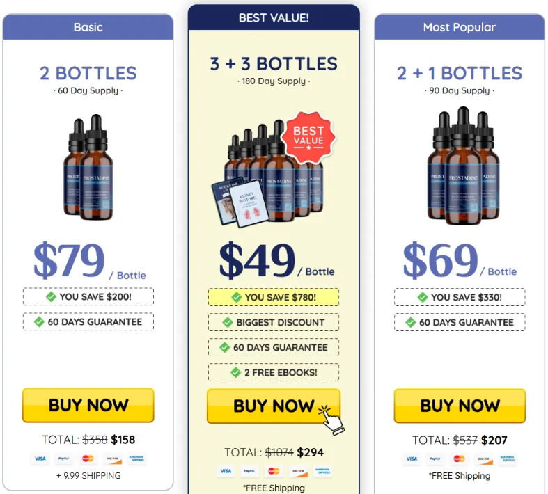 Current Prostadine package pricing tiers as shown at checkout